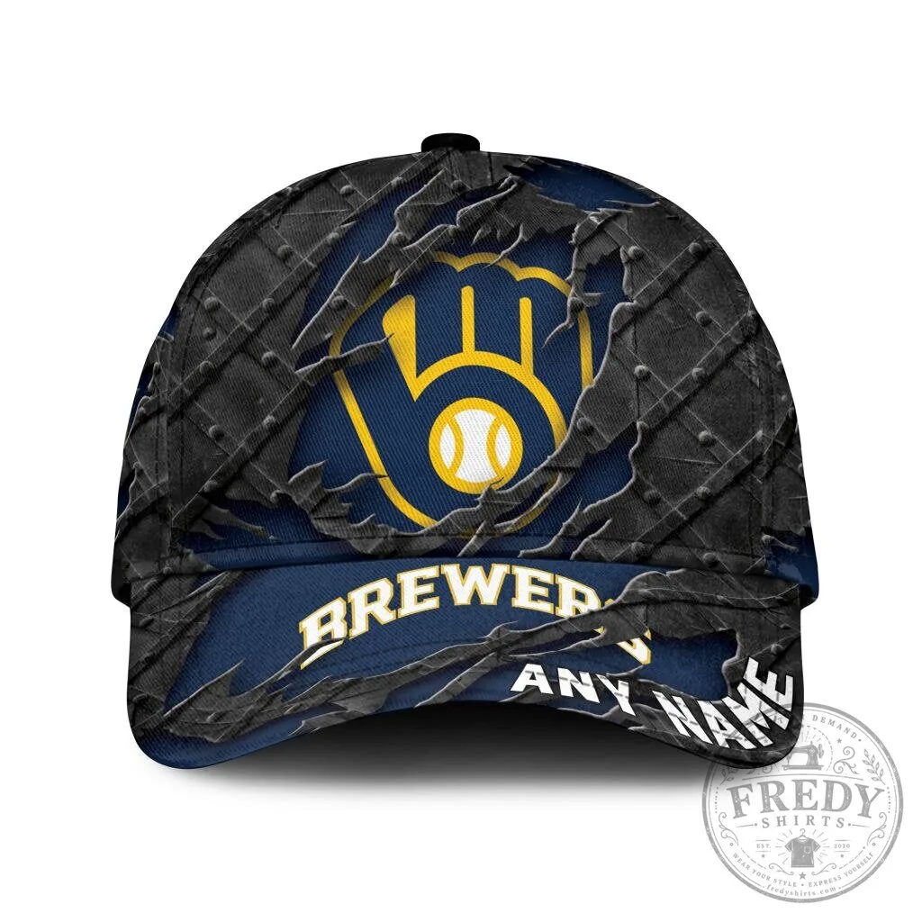 Milwaukee Brewers Personalized Name Black Metal Design Baseball Cap Hat