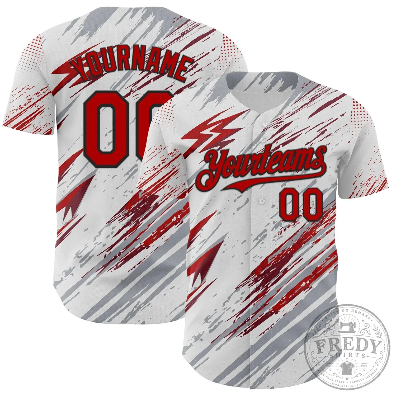 Custom White Red Gray Black Diagonal Grunge Brush Stroke Halftone Baseball Jersey