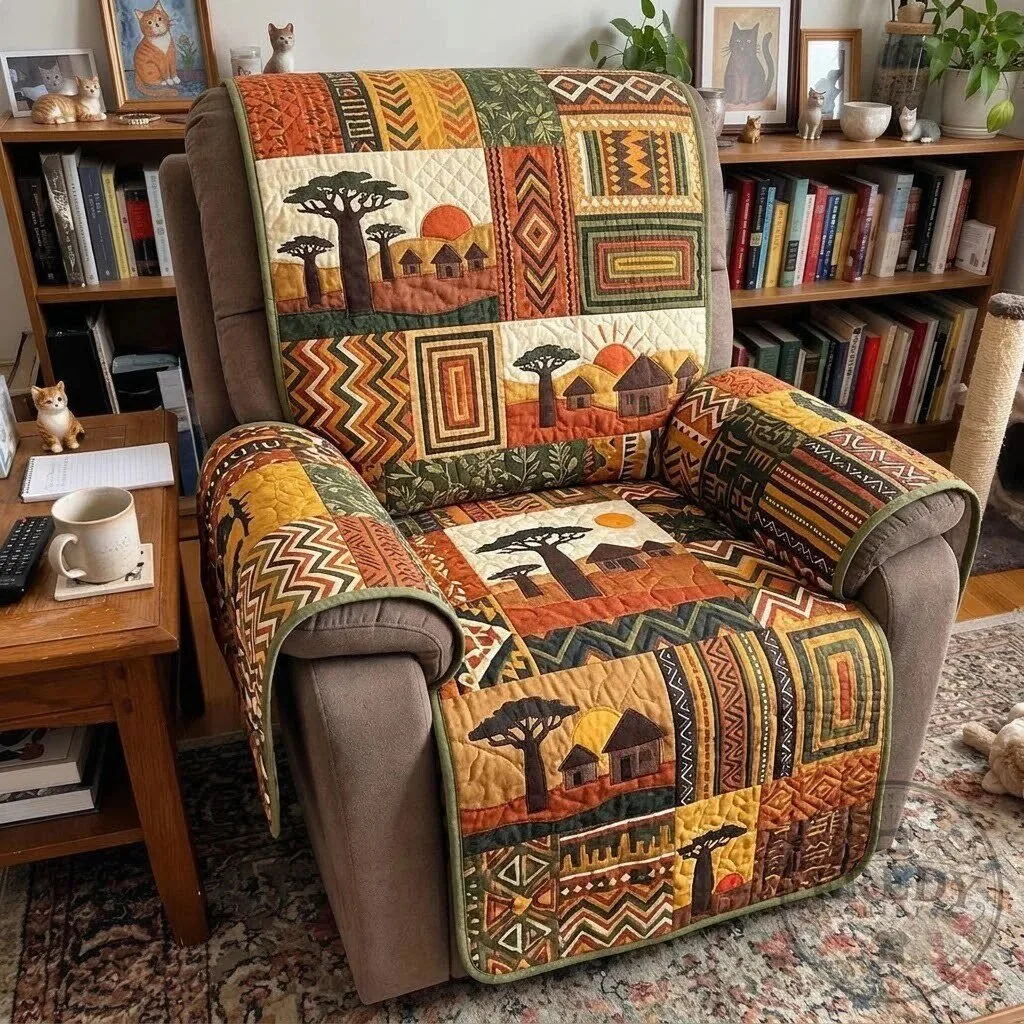 African Heritage Quilted Recliner Chair Cover Protector with Tree and Village Motifs