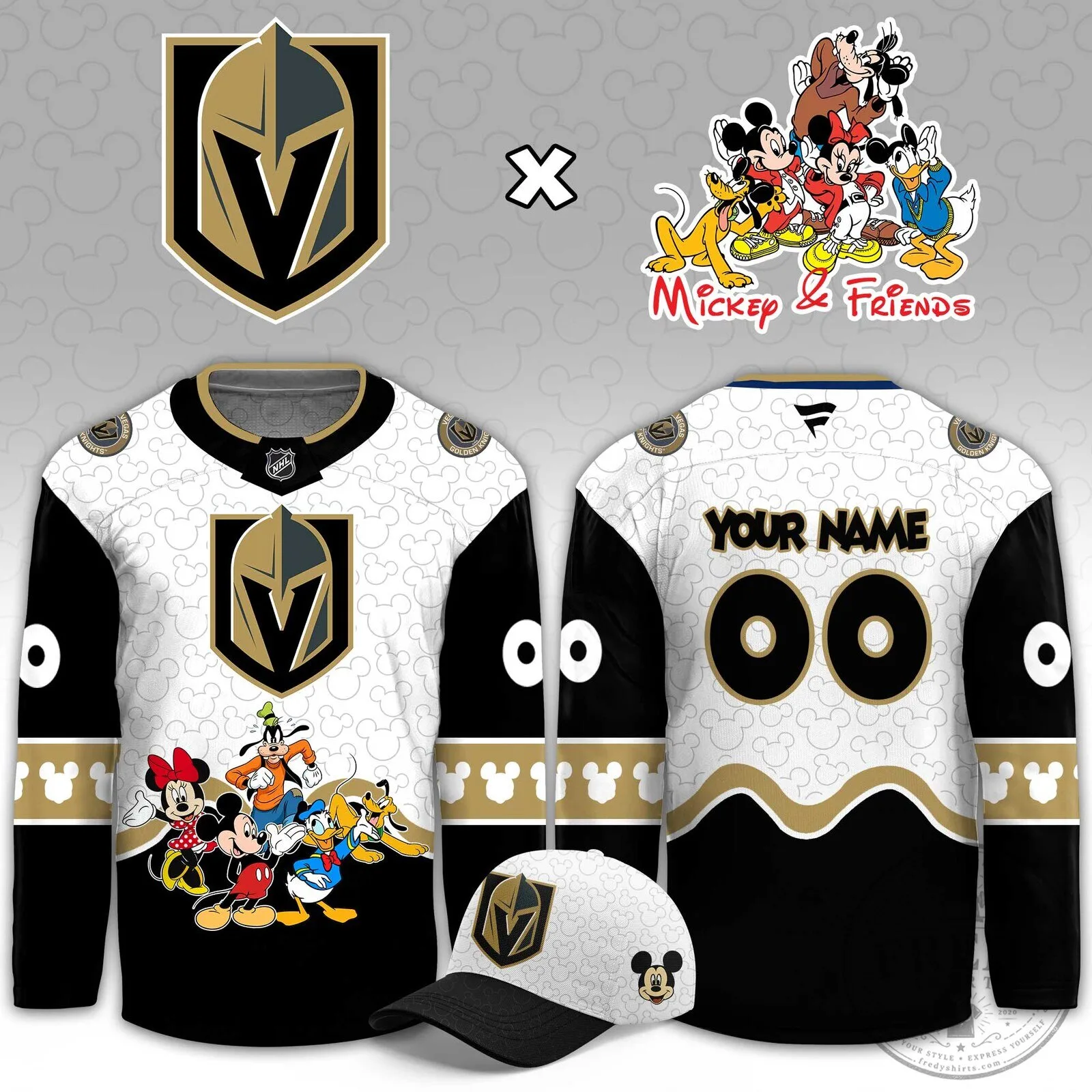 Vegas Golden Knights Mickey Mouse and Friends Custom Hockey Jersey 7 Vegas Golden Knights Mickey Mouse and Friends Custom Hockey Jersey
