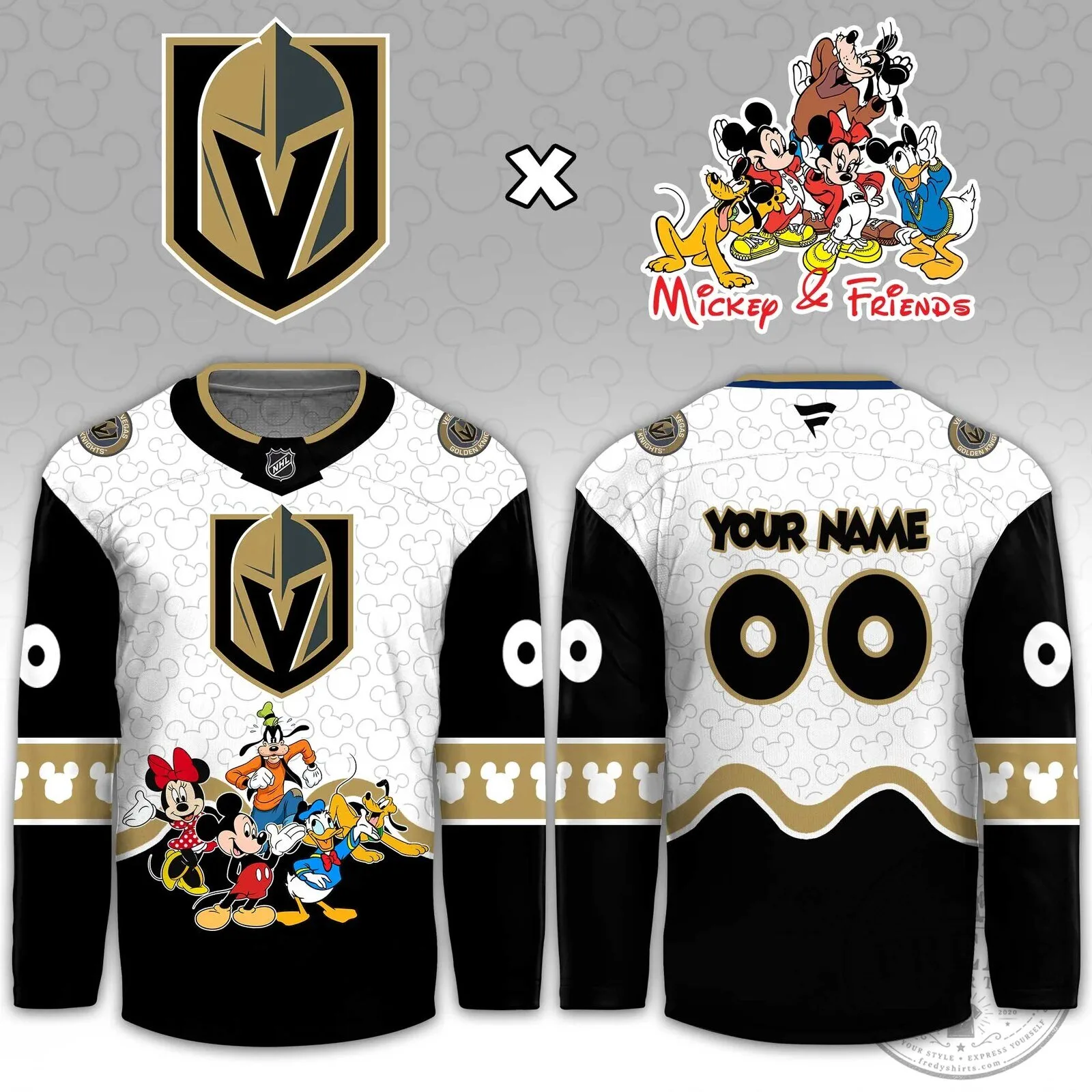 Vegas Golden Knights Mickey Mouse and Friends Custom Hockey Jersey 8 Vegas Golden Knights Mickey Mouse and Friends Custom Hockey Jersey
