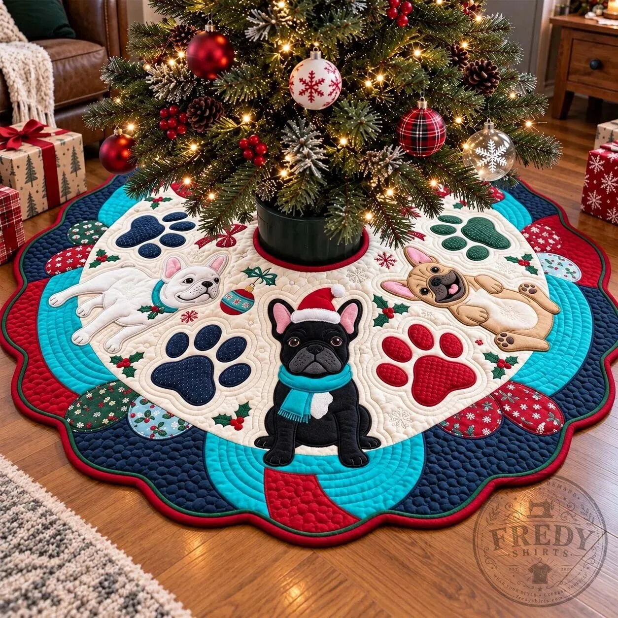 Christmas French Bulldog Paw Prints Holiday Quilted Tree Skirt