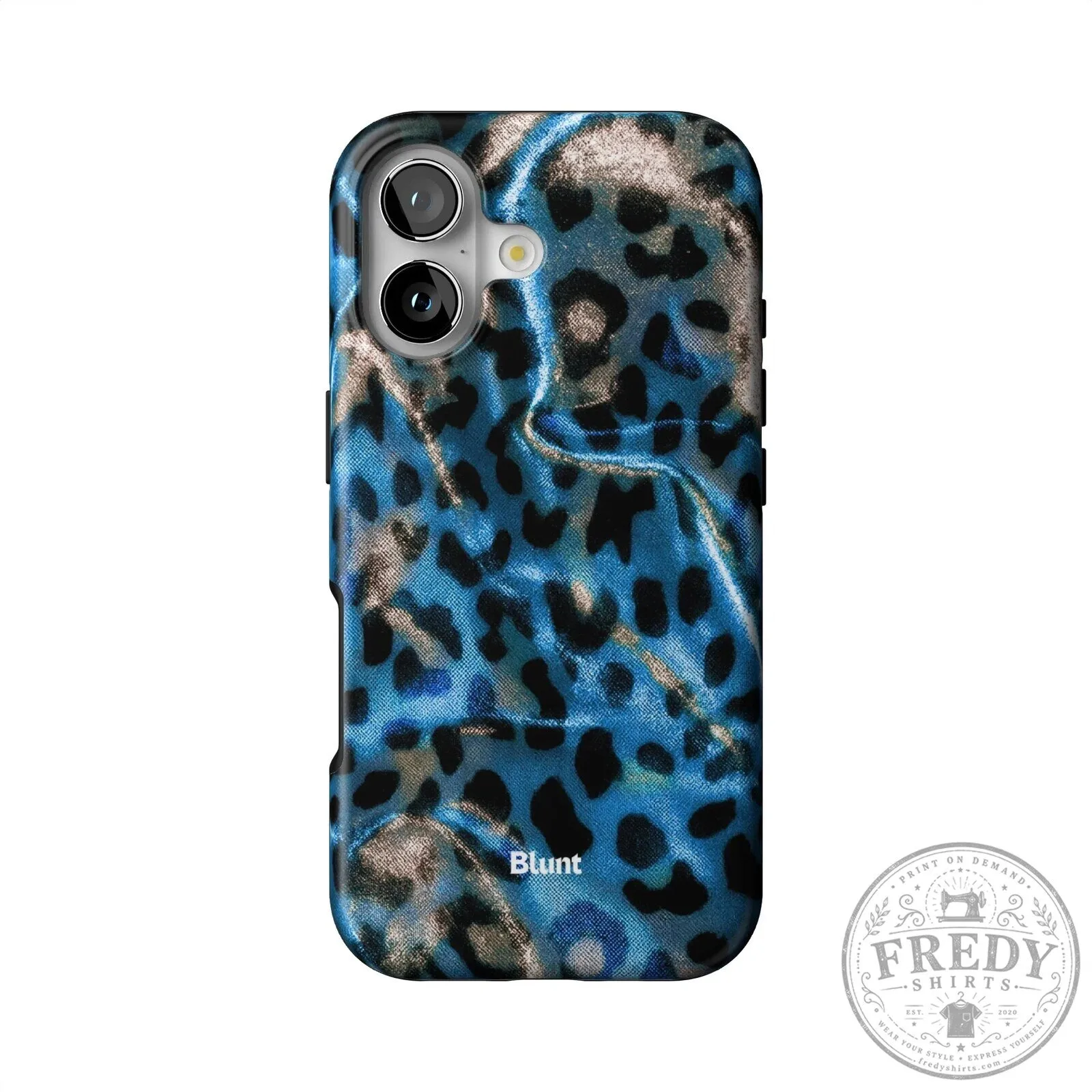 Blue Leopard Print iPhone Case with Blunt Logo, Animal Pattern Phone Cover