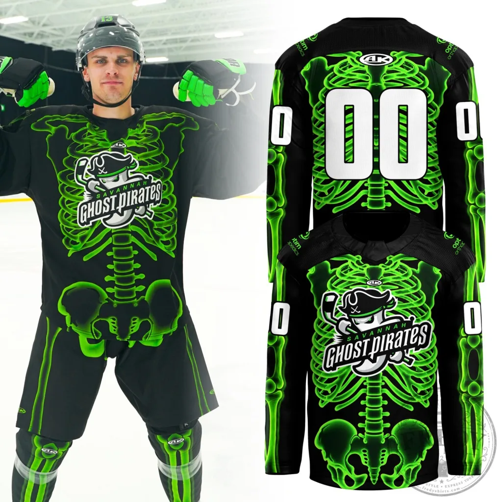Savannah Ghost Pirates Halloween Skeleton Design Hockey Jersey Savannah Ghost Pirates Halloween Skeleton Design Hockey Jersey