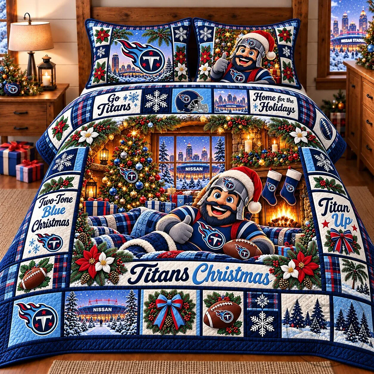 Tennessee Titans NFL Christmas Holiday Quilted Bedding Set 3 Tennessee Titans NFL Christmas Holiday Quilted Bedding Set